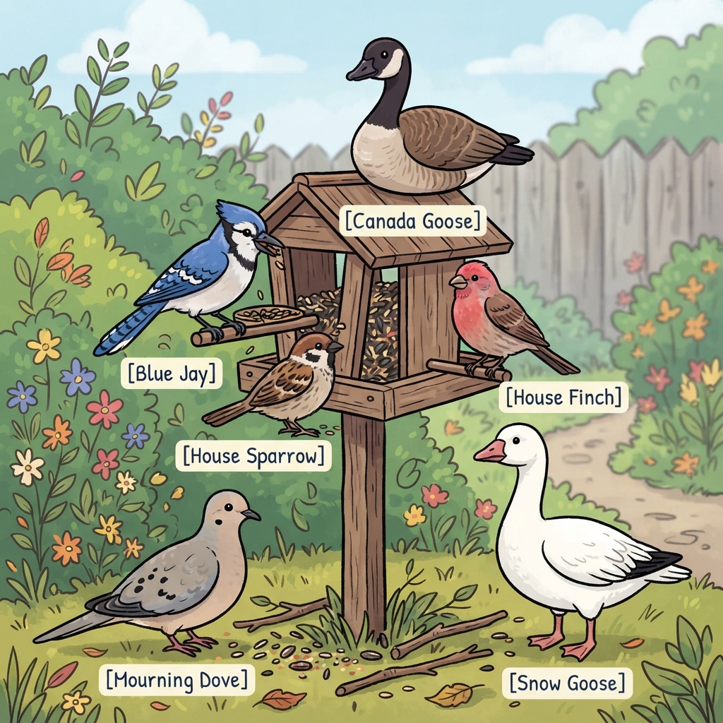 Blue Jay, Canada Goose, House Finch, House Sparrow, Mourning Dove, Snow Goose Cartoon illustration of Blue Jay, Canada Goose, House Finch, House Sparrow, Mourning Dove, Snow Goose
