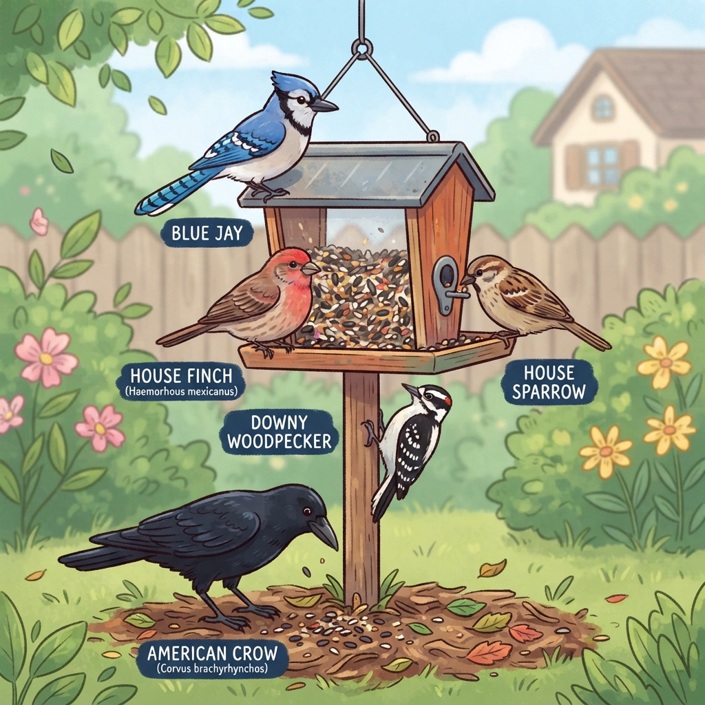 American Crow, Blue Jay, Downy Woodpecker, House Finch, House Sparrow Cartoon illustration of American Crow, Blue Jay, Downy Woodpecker, House Finch, House Sparrow