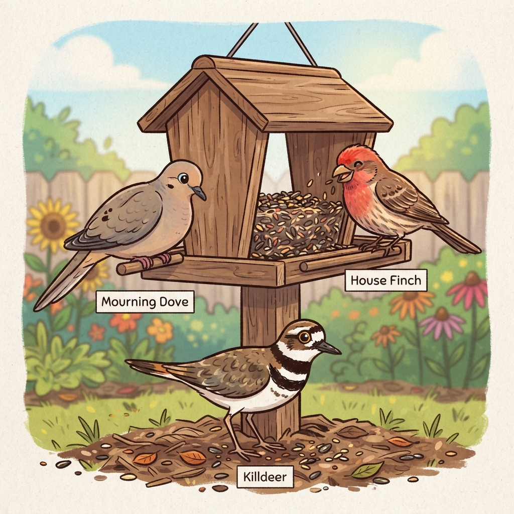 House Finch, Killdeer, Mourning Dove Cartoon illustration of House Finch, Killdeer, Mourning Dove