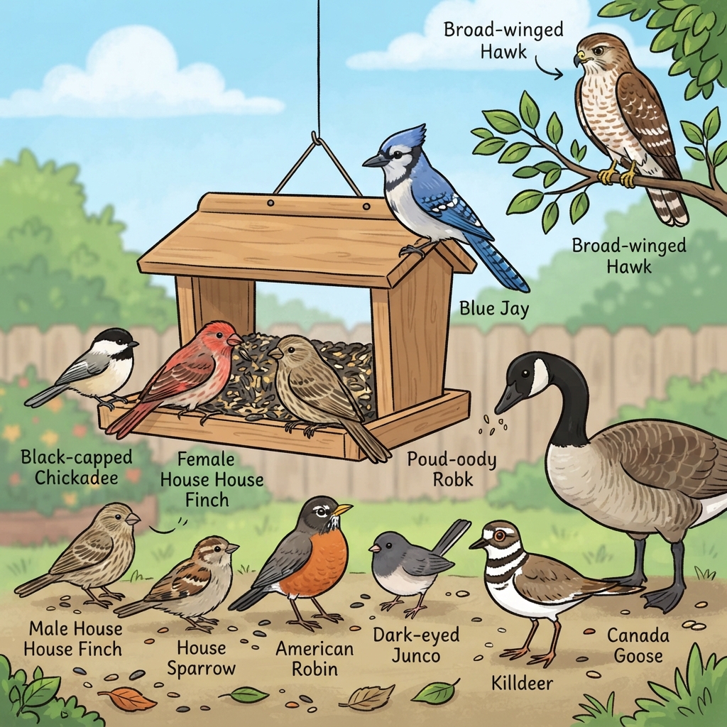 American Robin, Black-capped Chickadee, Blue Jay, Broad-winged Hawk, Canada Goose, Dark-eyed Junco, Female House Finch, House Finch, House Sparrow, Killdeer Cartoon illustration of American Robin, Black-capped Chickadee, Blue Jay, Broad-winged Hawk, Canada Goose, Dark-eyed Junco, Female House Finch, House Finch, House Sparrow, Killdeer