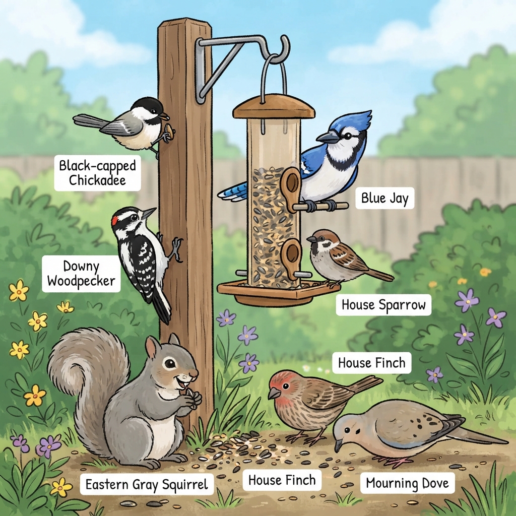 Black-capped Chickadee, Blue Jay, Downy Woodpecker, Eastern Gray Squirrel, House Finch, House Sparrow, Mourning Dove Cartoon illustration of Black-capped Chickadee, Blue Jay, Downy Woodpecker, Eastern Gray Squirrel, House Finch, House Sparrow, Mourning Dove