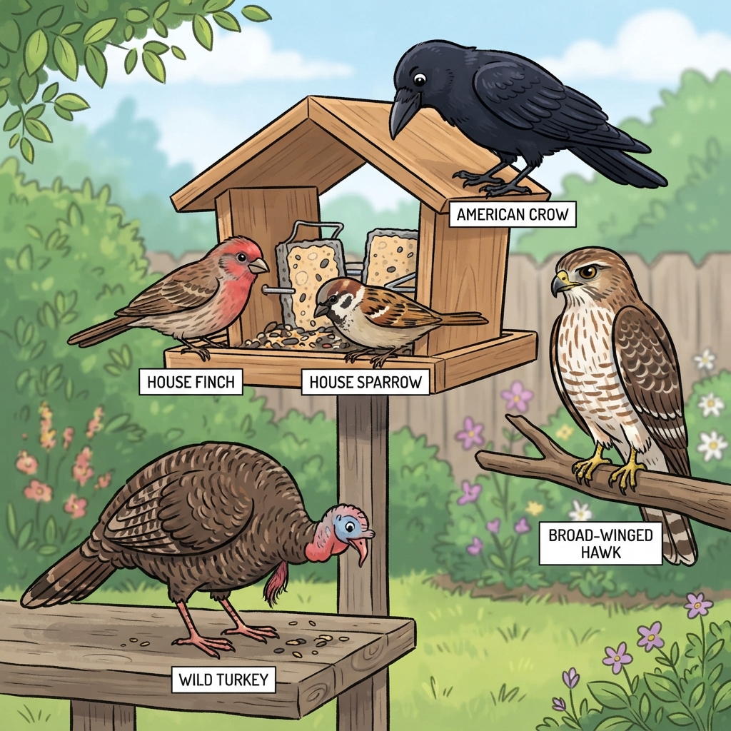 American Crow, Broad-winged Hawk, House Finch, House Sparrow, Wild Turkey Cartoon illustration of American Crow, Broad-winged Hawk, House Finch, House Sparrow, Wild Turkey