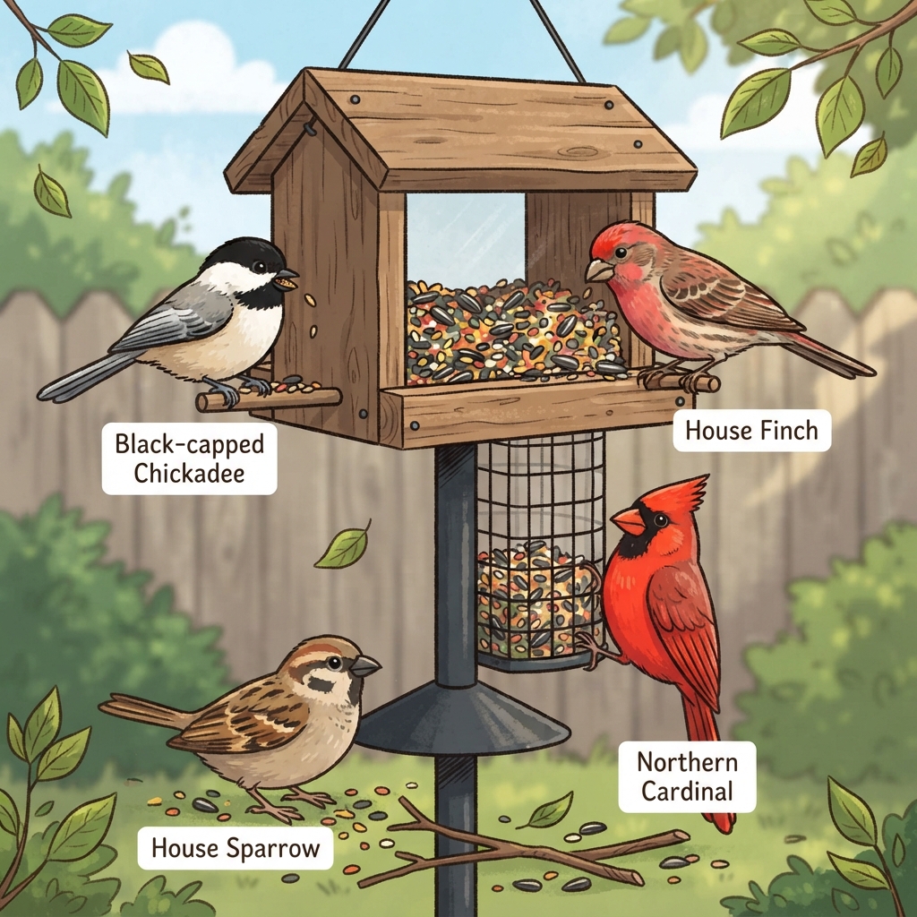 Black-capped Chickadee, House Finch, House Sparrow, Northern Cardinal Cartoon illustration of Black-capped Chickadee, House Finch, House Sparrow, Northern Cardinal