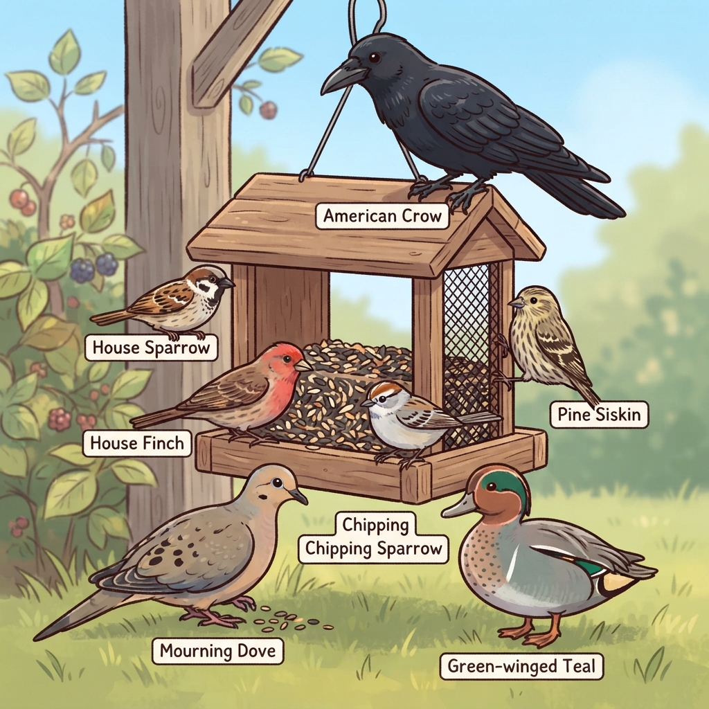 American Crow, Chipping Sparrow, Green-winged Teal, House Finch, House Sparrow, Mourning Dove, Pine Siskin Cartoon illustration of American Crow, Chipping Sparrow, Green-winged Teal, House Finch, House Sparrow, Mourning Dove, Pine Siskin