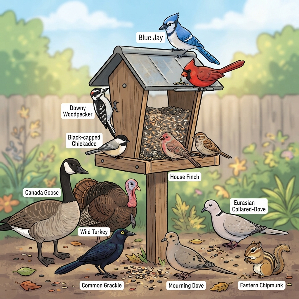 Black-capped Chickadee, Blue Jay, Canada Goose, Common Grackle, Downy Woodpecker, Eastern Chipmunk, Eurasian Collared-Dove, House Finch, House Sparrow, Mourning Dove, Northern Cardinal, Wild Turkey Cartoon illustration of Black-capped Chickadee, Blue Jay, Canada Goose, Common Grackle, Downy Woodpecker, Eastern Chipmunk, Eurasian Collared-Dove, House Finch, House Sparrow, Mourning Dove, Northern Cardinal, Wild Turkey