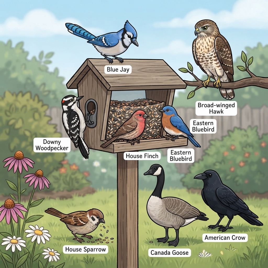 American Crow, Blue Jay, Broad-winged Hawk, Canada Goose, Downy Woodpecker, Eastern Bluebird, House Finch, House Sparrow Cartoon illustration of American Crow, Blue Jay, Broad-winged Hawk, Canada Goose, Downy Woodpecker, Eastern Bluebird, House Finch, House Sparrow