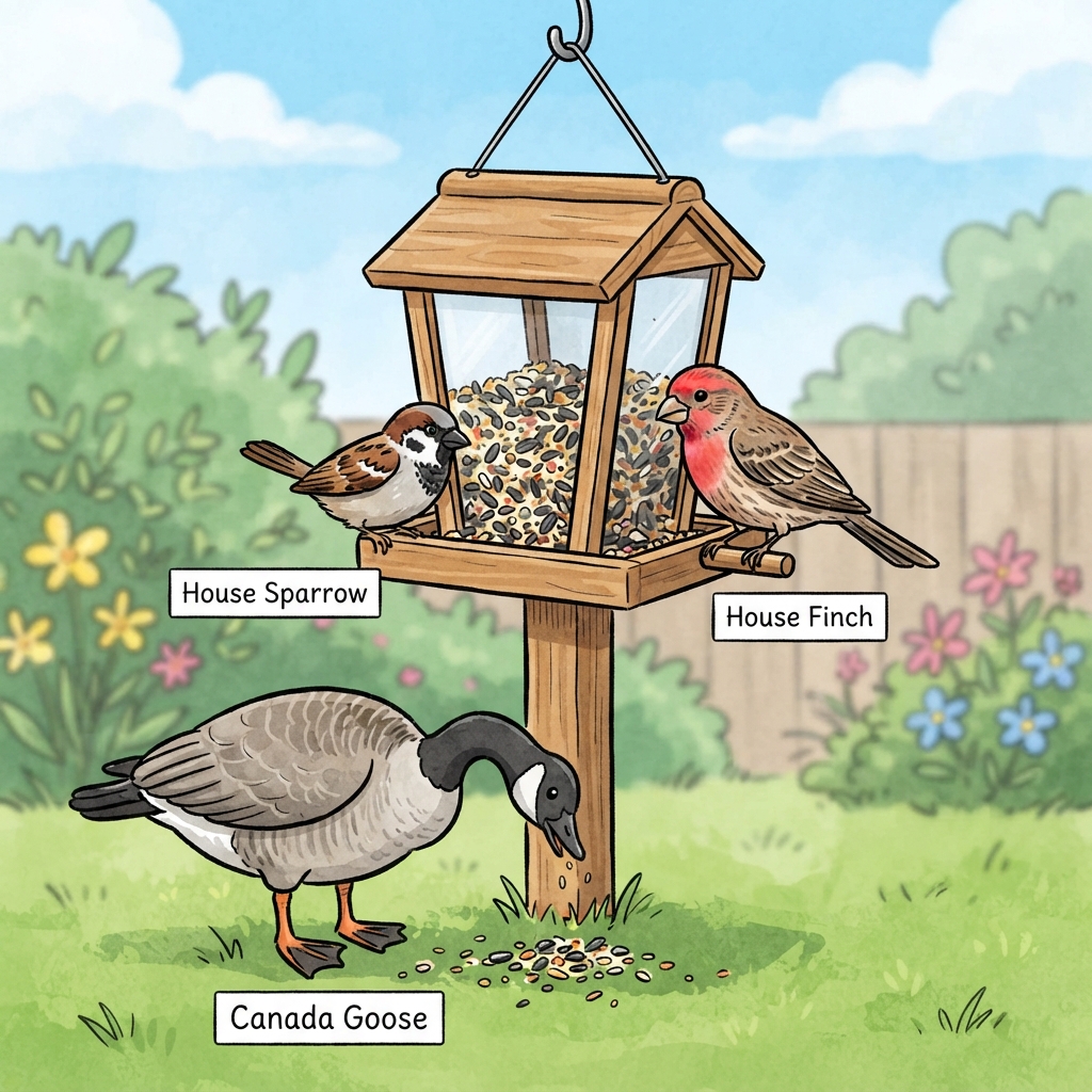 Canada Goose, House Finch, House Sparrow Cartoon illustration of Canada Goose, House Finch, House Sparrow