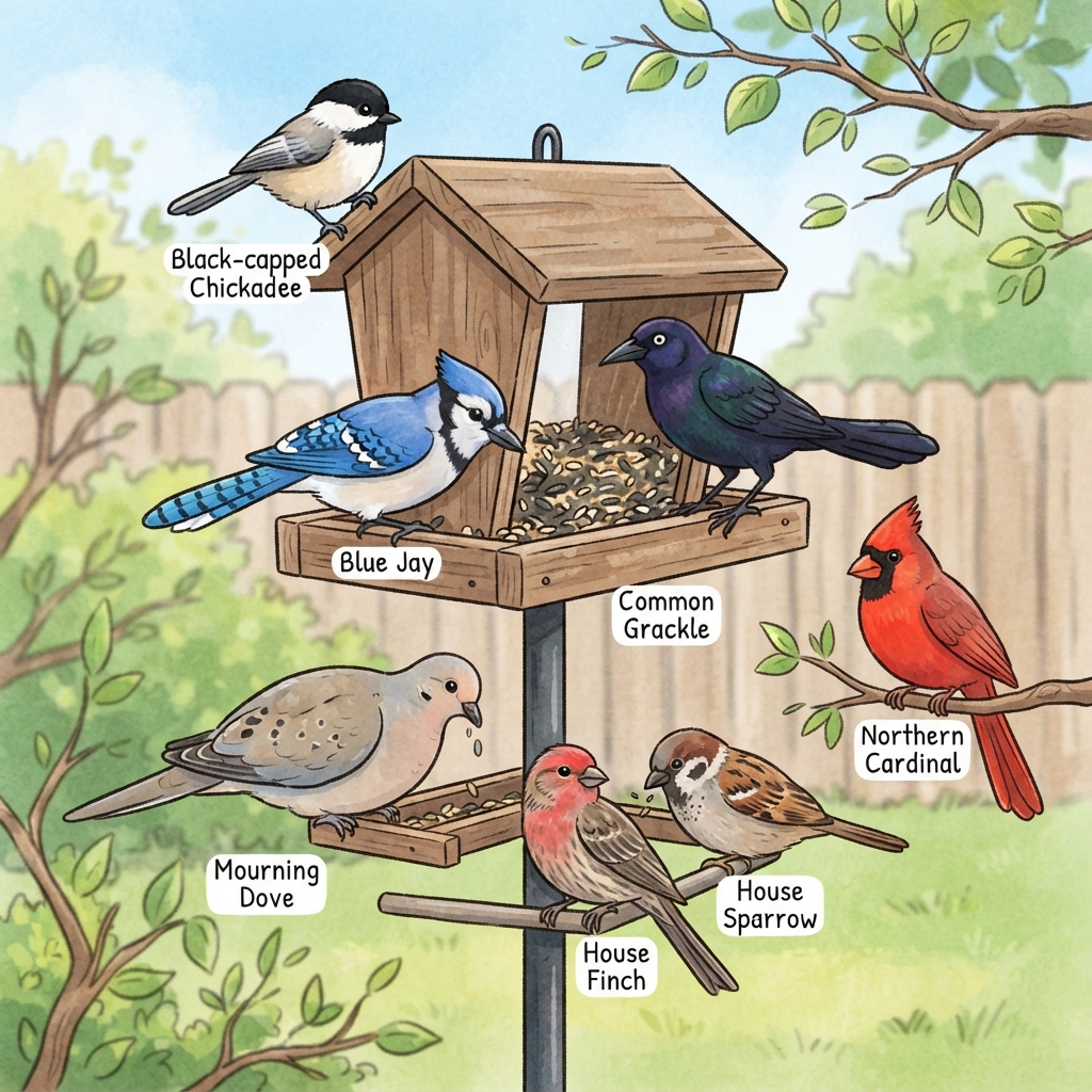 Black-capped Chickadee, Blue Jay, Common Grackle, House Finch, House Sparrow, Mourning Dove, Northern Cardinal Cartoon illustration of Black-capped Chickadee, Blue Jay, Common Grackle, House Finch, House Sparrow, Mourning Dove, Northern Cardinal