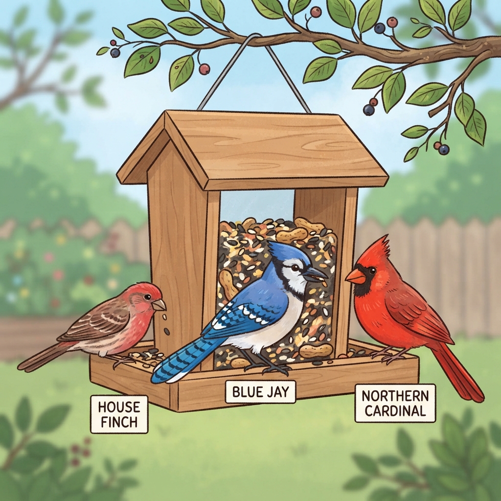 Blue Jay, House Finch, Northern Cardinal Cartoon illustration of Blue Jay, House Finch, Northern Cardinal