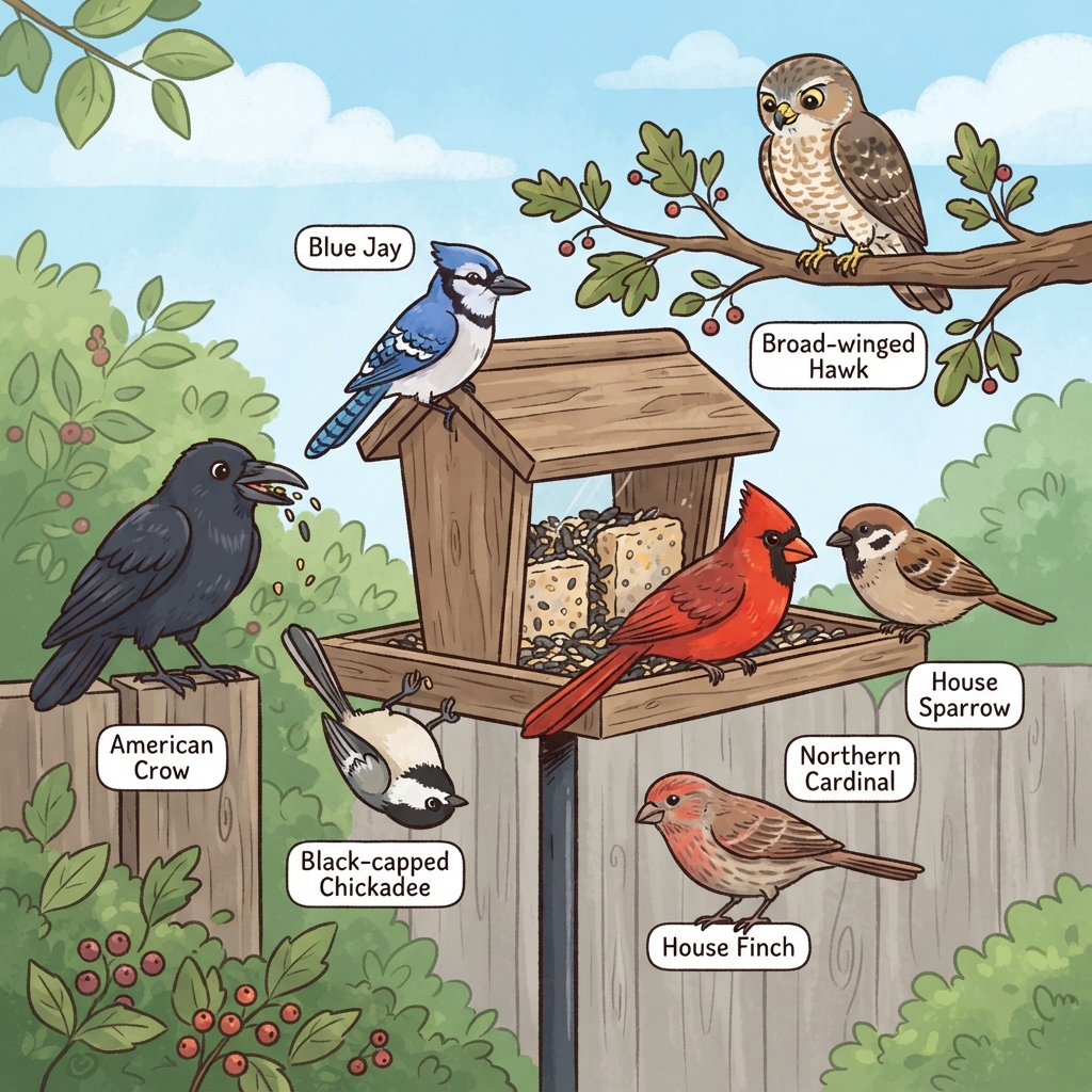 American Crow, Black-capped Chickadee, Blue Jay, Broad-winged Hawk, House Finch, House Sparrow, Northern Cardinal Cartoon illustration of American Crow, Black-capped Chickadee, Blue Jay, Broad-winged Hawk, House Finch, House Sparrow, Northern Cardinal