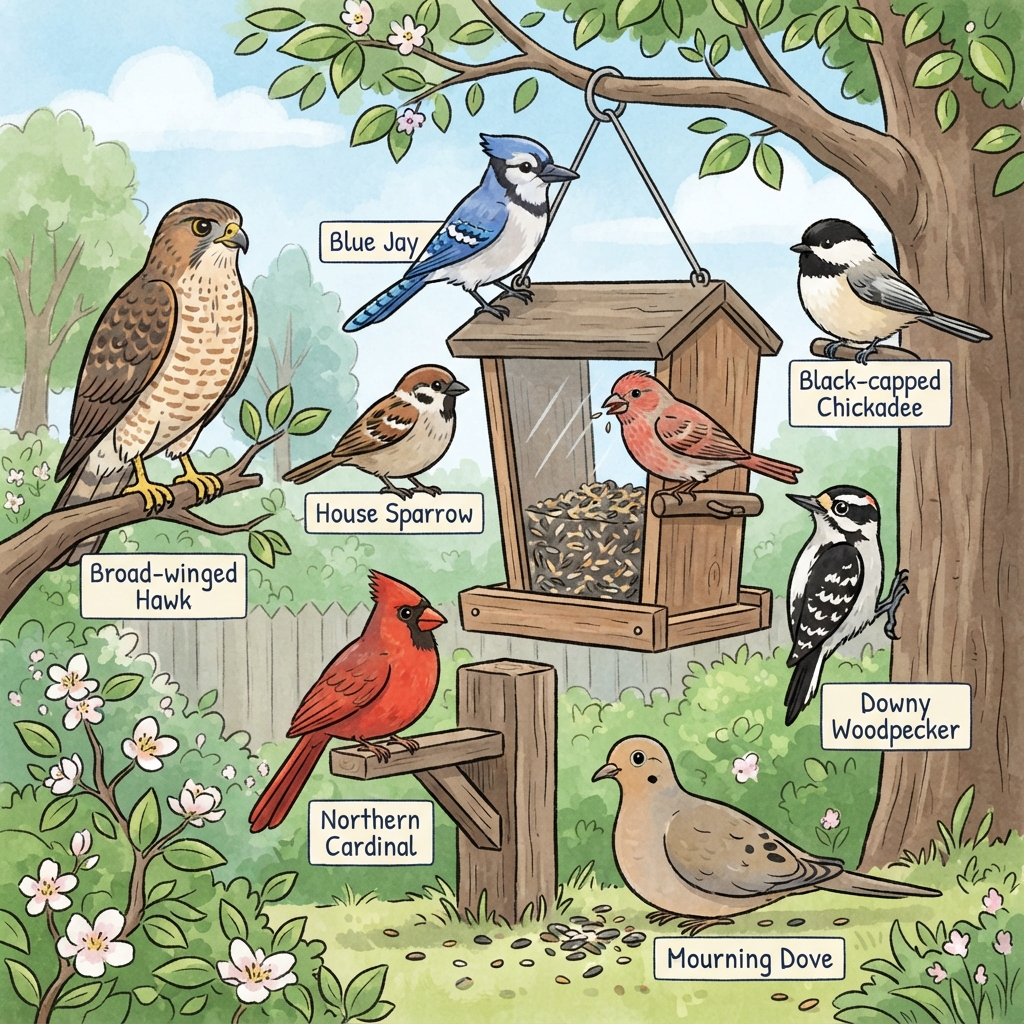 Black-capped Chickadee, Blue Jay, Broad-winged Hawk, Downy Woodpecker, House Finch, House Sparrow, Mourning Dove, Northern Cardinal Cartoon illustration of Black-capped Chickadee, Blue Jay, Broad-winged Hawk, Downy Woodpecker, House Finch, House Sparrow, Mourning Dove, Northern Cardinal
