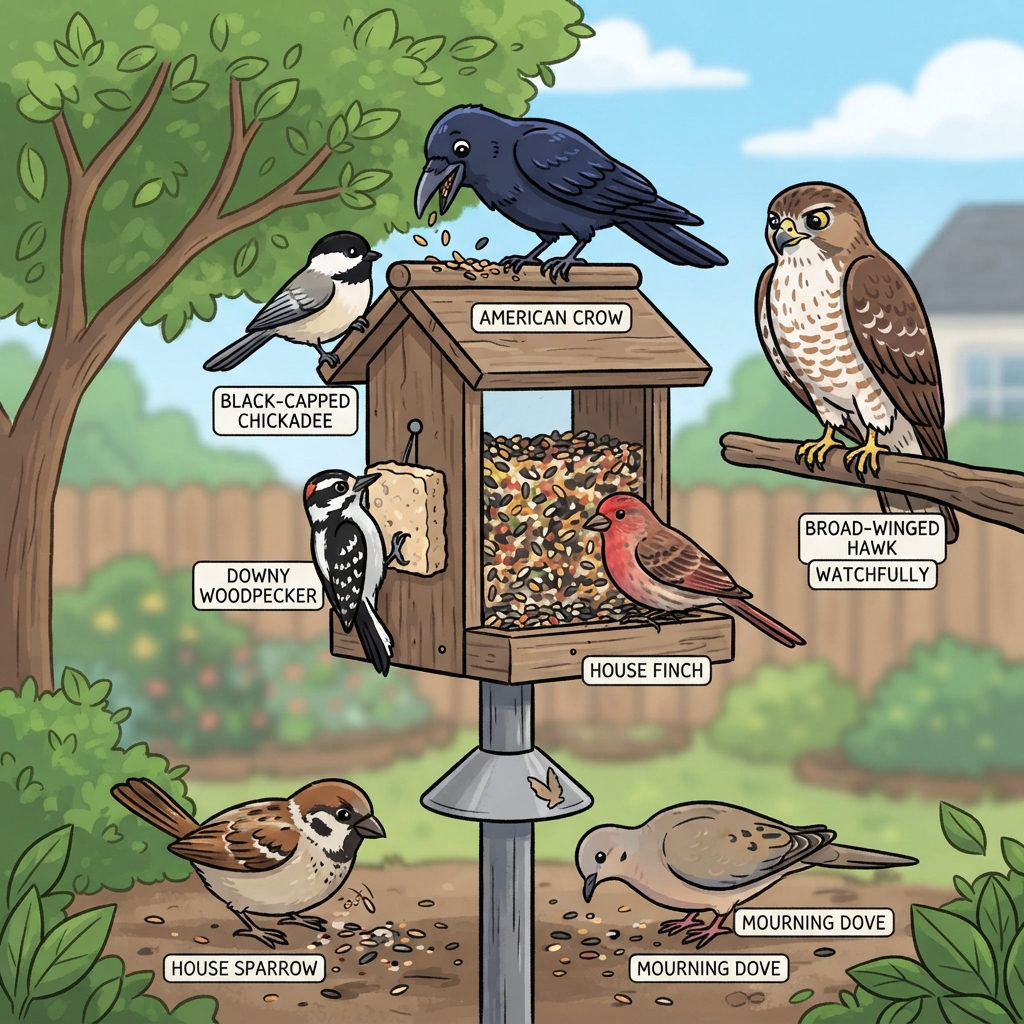 American Crow, Black-capped Chickadee, Broad-winged Hawk, Downy Woodpecker, House Finch, House Sparrow, Mourning Dove Cartoon illustration of American Crow, Black-capped Chickadee, Broad-winged Hawk, Downy Woodpecker, House Finch, House Sparrow, Mourning Dove