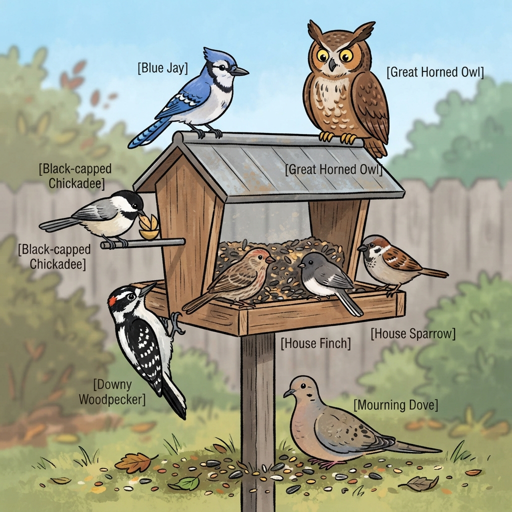 Black-capped Chickadee, Blue Jay, Dark-eyed Junco, Downy Woodpecker, Great Horned Owl, House Finch, House Sparrow, Mourning Dove Cartoon illustration of Black-capped Chickadee, Blue Jay, Dark-eyed Junco, Downy Woodpecker, Great Horned Owl, House Finch, House Sparrow, Mourning Dove