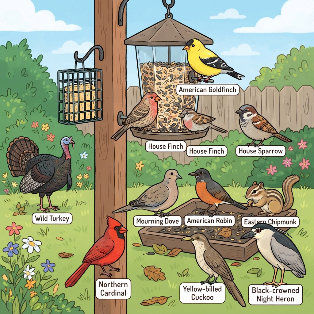 American Goldfinch, American Robin, Black-crowned Night Heron, Eastern Chipmunk, House Finch, House Sparrow, Mourning Dove, Northern Cardinal, Wild Turkey, Yellow-billed Cuckoo Cartoon illustration of American Goldfinch, American Robin, Black-crowned Night Heron, Eastern Chipmunk, House Finch, House Sparrow, Mourning Dove, Northern Cardinal, Wild Turkey, Yellow-billed Cuckoo