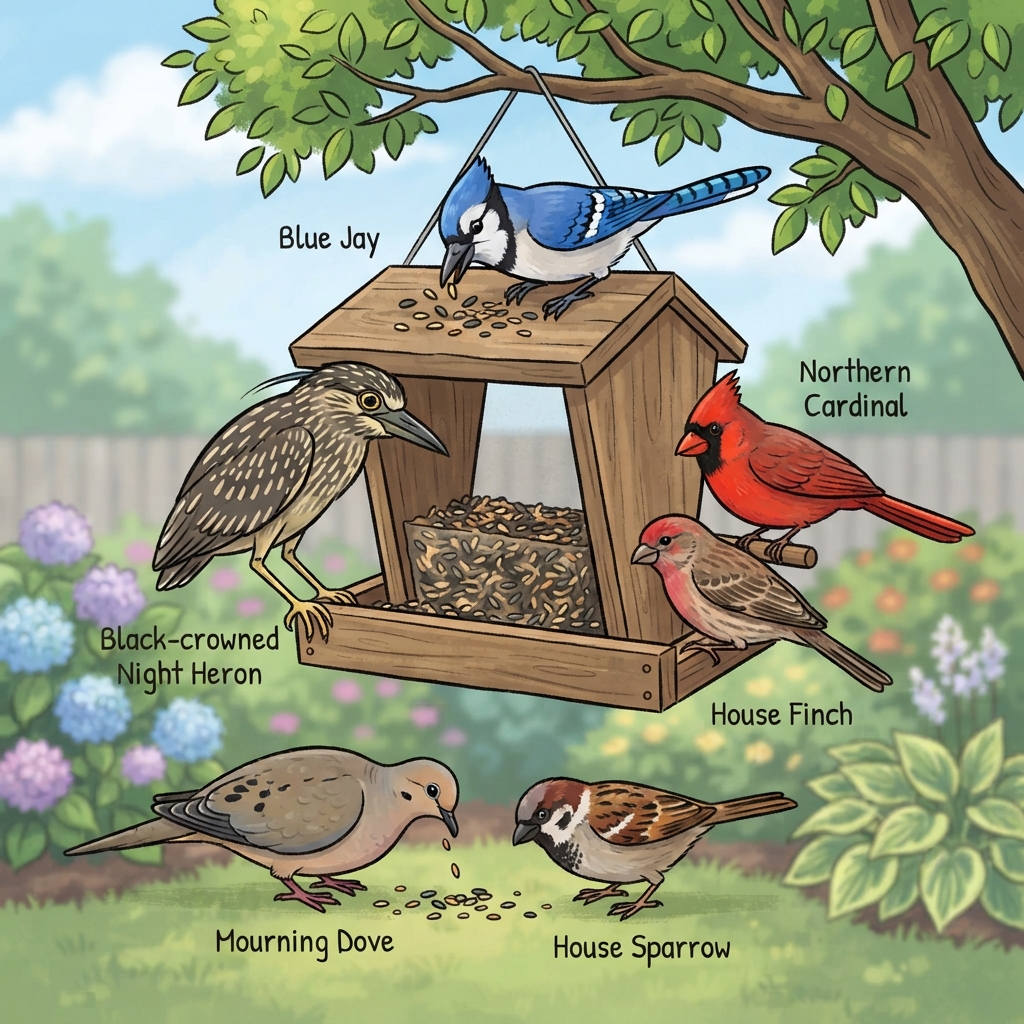 Black-crowned Night Heron, Blue Jay, House Finch, House Sparrow, Mourning Dove, Northern Cardinal Cartoon illustration of Black-crowned Night Heron, Blue Jay, House Finch, House Sparrow, Mourning Dove, Northern Cardinal