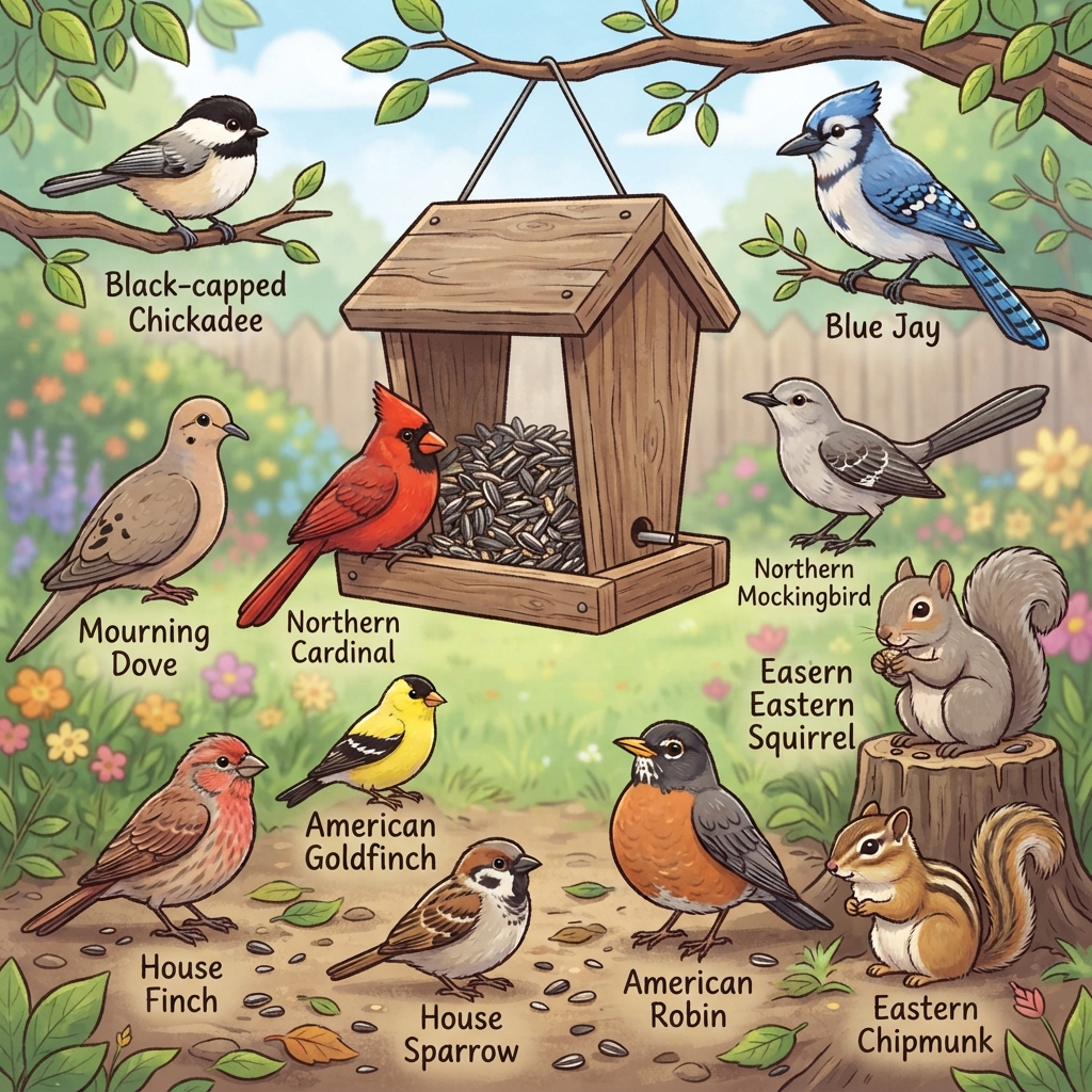 American Goldfinch, American Robin, Black-capped Chickadee, Blue Jay, Eastern Chipmunk, Eastern Gray Squirrel, House Finch, House Sparrow, Mourning Dove, Northern Cardinal, Northern Mockingbird Cartoon illustration of American Goldfinch, American Robin, Black-capped Chickadee, Blue Jay, Eastern Chipmunk, Eastern Gray Squirrel, House Finch, House Sparrow, Mourning Dove, Northern Cardinal, Northern Mockingbird