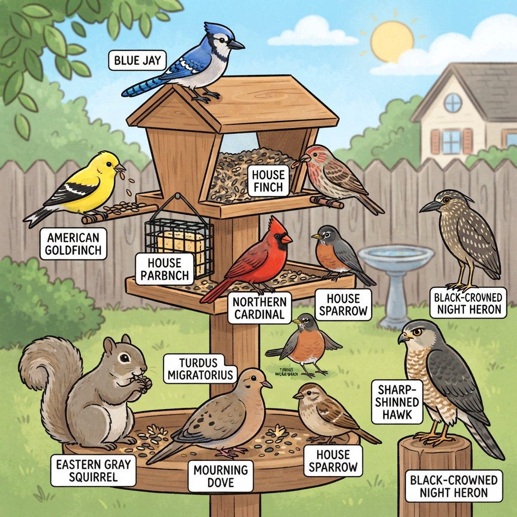 American Goldfinch, American Robin, Black-crowned Night Heron, Blue Jay, Eastern Gray Squirrel, House Finch, House Sparrow, Mourning Dove, Northern Cardinal, Sharp-shinned Hawk, Turdus Migratorius Cartoon illustration of American Goldfinch, American Robin, Black-crowned Night Heron, Blue Jay, Eastern Gray Squirrel, House Finch, House Sparrow, Mourning Dove, Northern Cardinal, Sharp-shinned Hawk, Turdus Migratorius