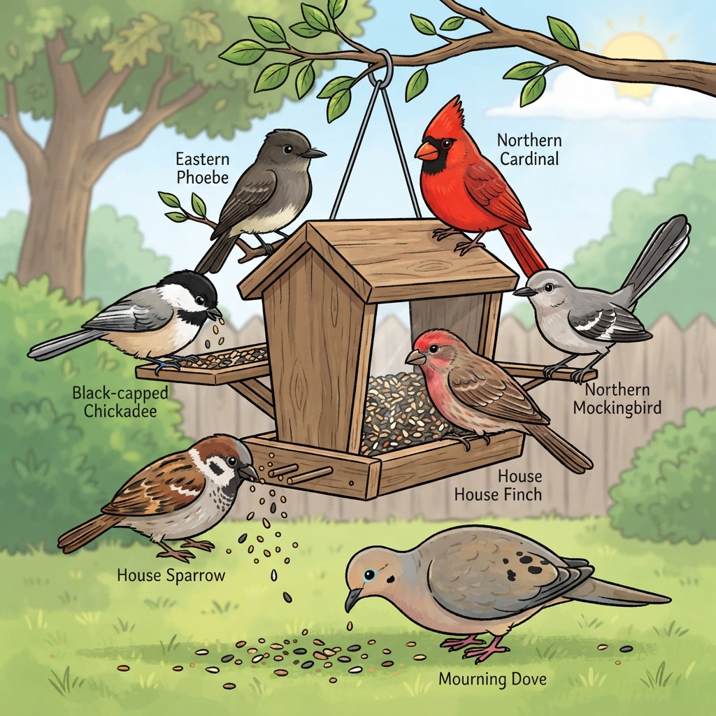 Black-capped Chickadee, Eastern Phoebe, House Finch, House Sparrow, Mourning Dove, Northern Cardinal, Northern Mockingbird Cartoon illustration of Black-capped Chickadee, Eastern Phoebe, House Finch, House Sparrow, Mourning Dove, Northern Cardinal, Northern Mockingbird