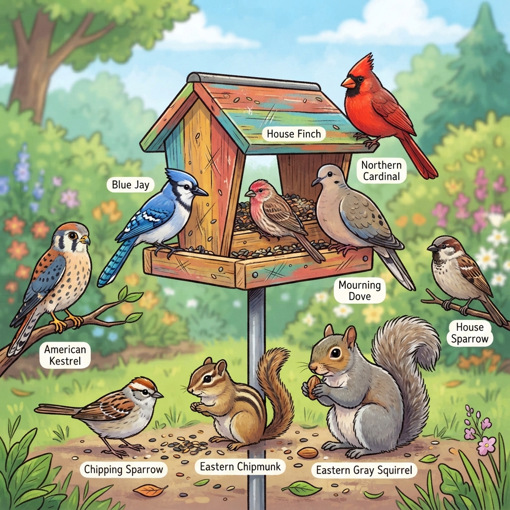 American Kestrel, Blue Jay, Chipping Sparrow, Eastern Chipmunk, Eastern Gray Squirrel, House Finch, House Sparrow, Mourning Dove, Northern Cardinal Cartoon illustration of American Kestrel, Blue Jay, Chipping Sparrow, Eastern Chipmunk, Eastern Gray Squirrel, House Finch, House Sparrow, Mourning Dove, Northern Cardinal