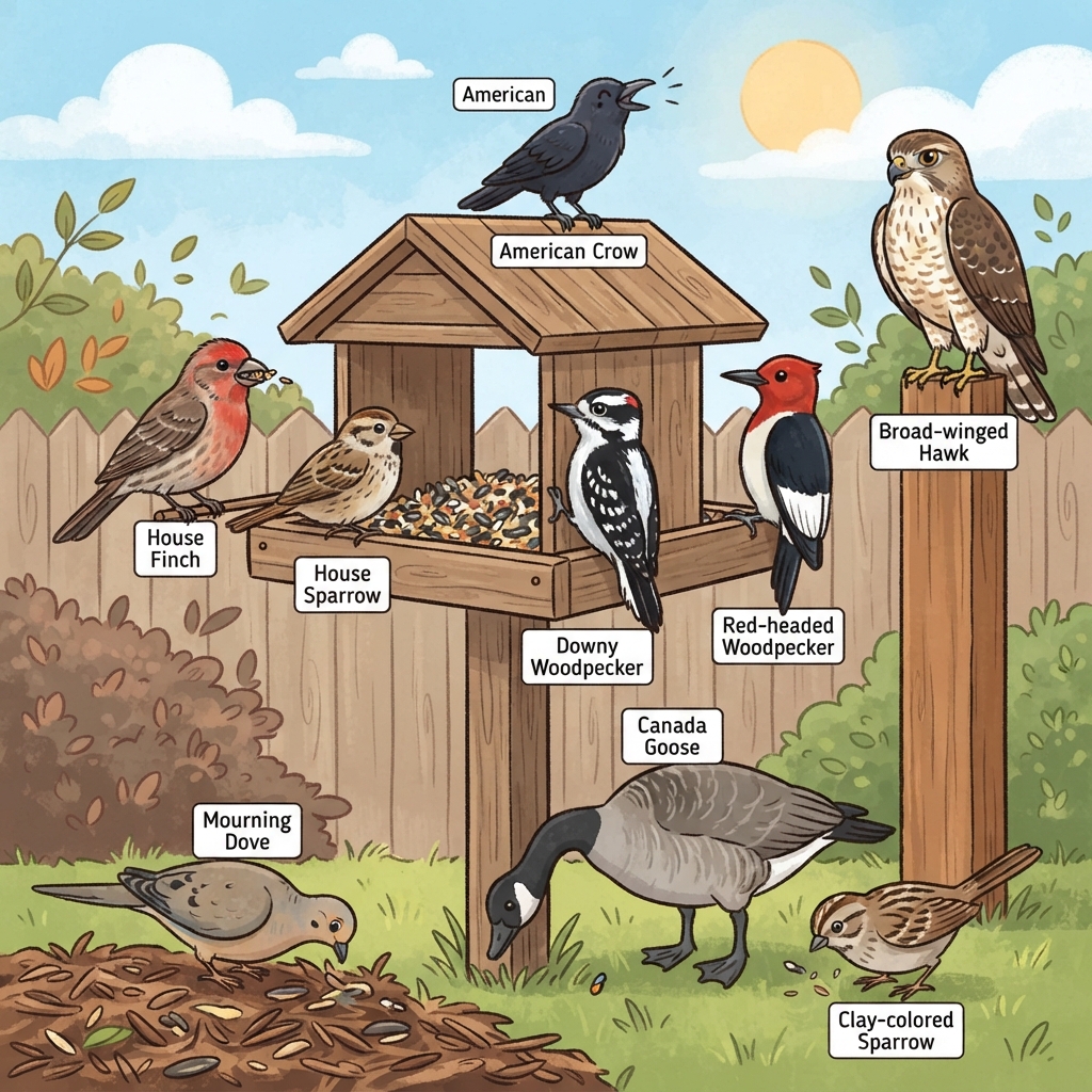 American Crow, Broad-winged Hawk, Canada Goose, Clay-colored Sparrow, Downy Woodpecker, House Finch, House Sparrow, Mourning Dove, Red-headed Woodpecker Cartoon illustration of American Crow, Broad-winged Hawk, Canada Goose, Clay-colored Sparrow, Downy Woodpecker, House Finch, House Sparrow, Mourning Dove, Red-headed Woodpecker