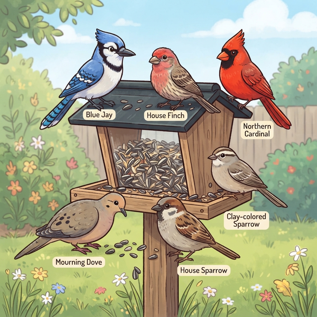 Blue Jay, Clay-colored Sparrow, House Finch, House Sparrow, Mourning Dove, Northern Cardinal Cartoon illustration of Blue Jay, Clay-colored Sparrow, House Finch, House Sparrow, Mourning Dove, Northern Cardinal