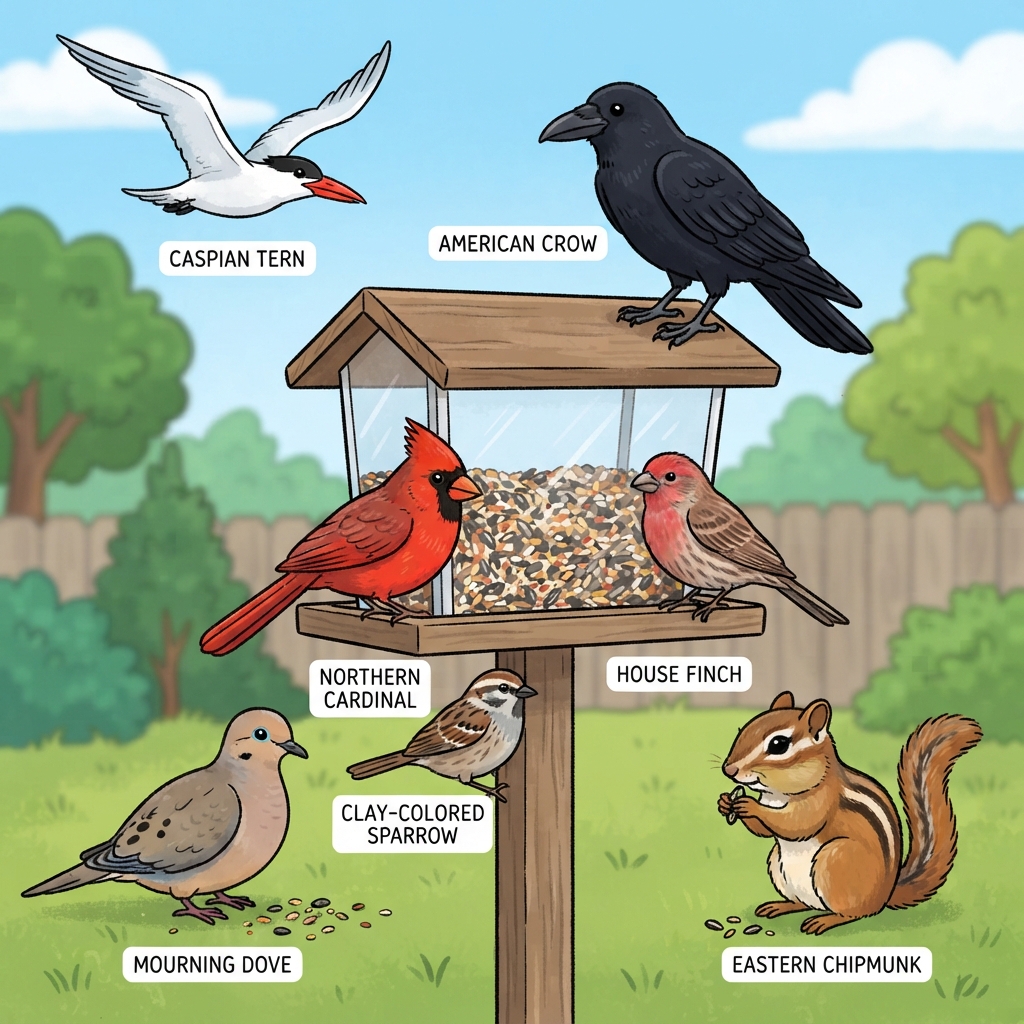 American Crow, Caspian Tern, Clay-colored Sparrow, Eastern Chipmunk, House Finch, Mourning Dove, Northern Cardinal Cartoon illustration of American Crow, Caspian Tern, Clay-colored Sparrow, Eastern Chipmunk, House Finch, Mourning Dove, Northern Cardinal