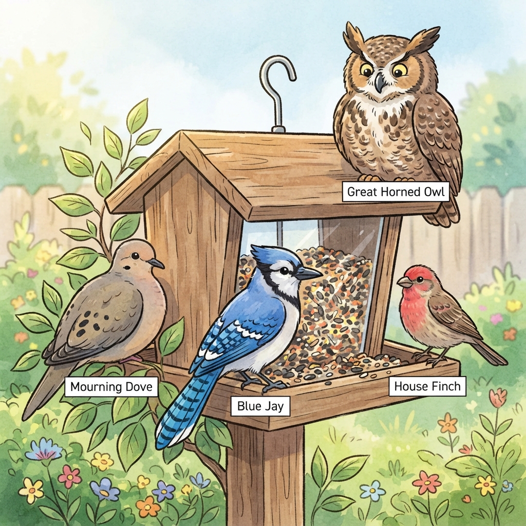 Blue Jay, Great Horned Owl, House Finch, Mourning Dove Cartoon illustration of Blue Jay, Great Horned Owl, House Finch, Mourning Dove