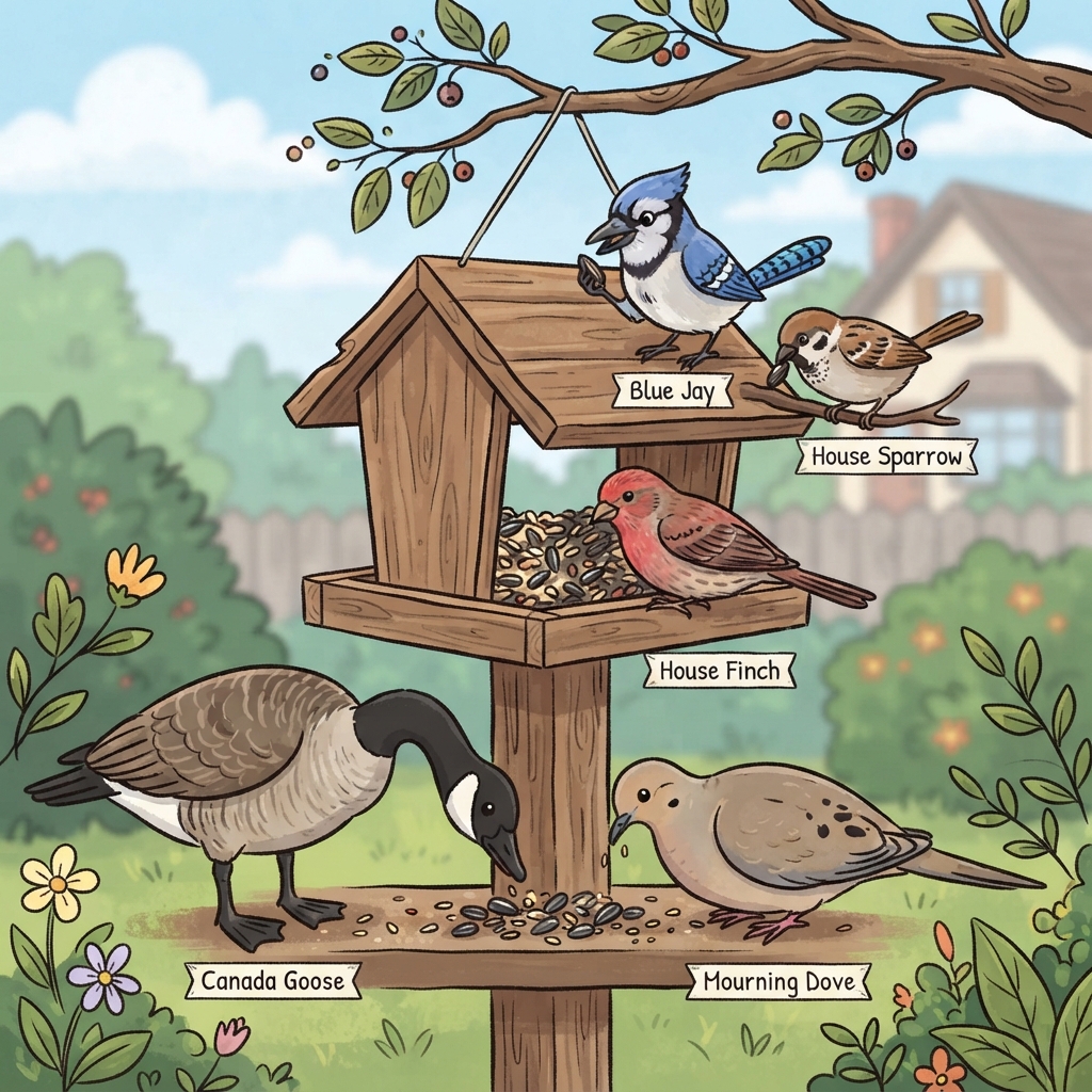 Blue Jay, Canada Goose, House Finch, House Sparrow, Mourning Dove Cartoon illustration of Blue Jay, Canada Goose, House Finch, House Sparrow, Mourning Dove