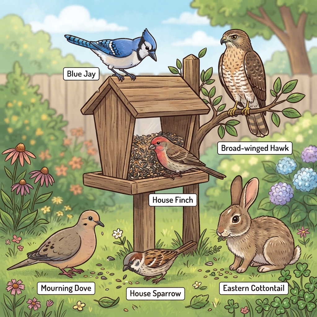Blue Jay, Broad-winged Hawk, Eastern Cottontail, House Finch, House Sparrow, Mourning Dove Cartoon illustration of Blue Jay, Broad-winged Hawk, Eastern Cottontail, House Finch, House Sparrow, Mourning Dove