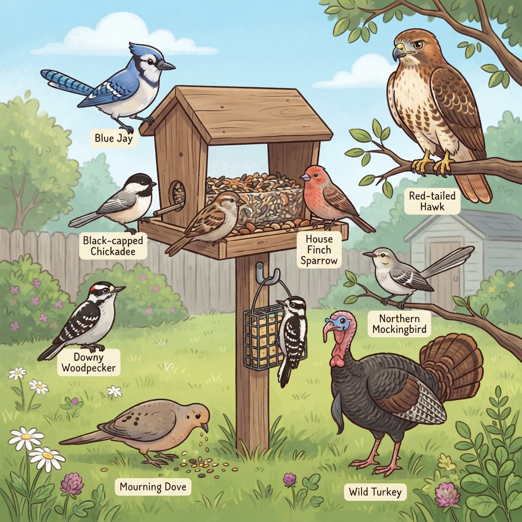 Black-capped Chickadee, Blue Jay, Downy Woodpecker, House Finch, House Sparrow, Mourning Dove, Northern Mockingbird, Red-tailed Hawk, Wild Turkey Cartoon illustration of Black-capped Chickadee, Blue Jay, Downy Woodpecker, House Finch, House Sparrow, Mourning Dove, Northern Mockingbird, Red-tailed Hawk, Wild Turkey