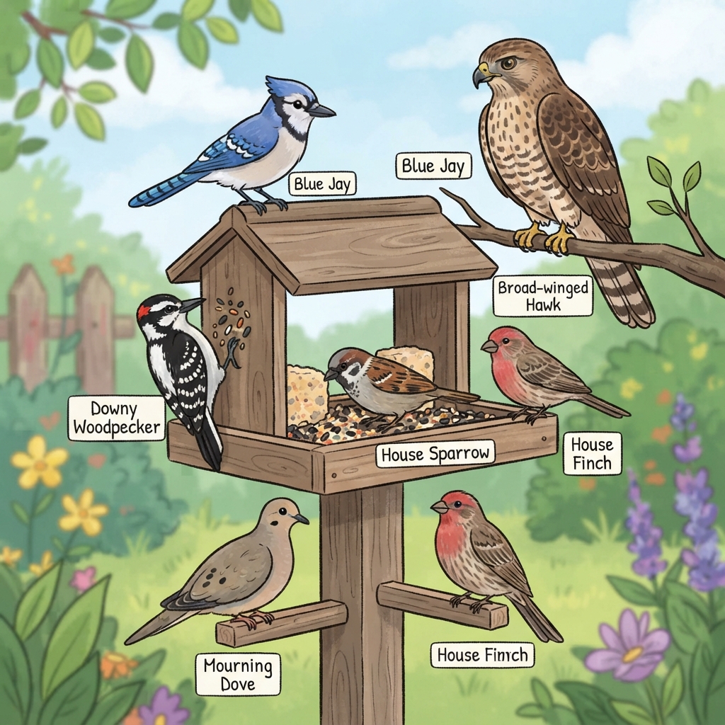 Blue Jay, Broad-winged Hawk, Downy Woodpecker, House Finch, House Sparrow, Mourning Dove Cartoon illustration of Blue Jay, Broad-winged Hawk, Downy Woodpecker, House Finch, House Sparrow, Mourning Dove