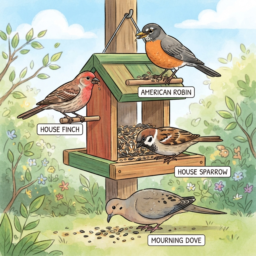 American Robin, House Finch, House Sparrow, Mourning Dove Cartoon illustration of American Robin, House Finch, House Sparrow, Mourning Dove