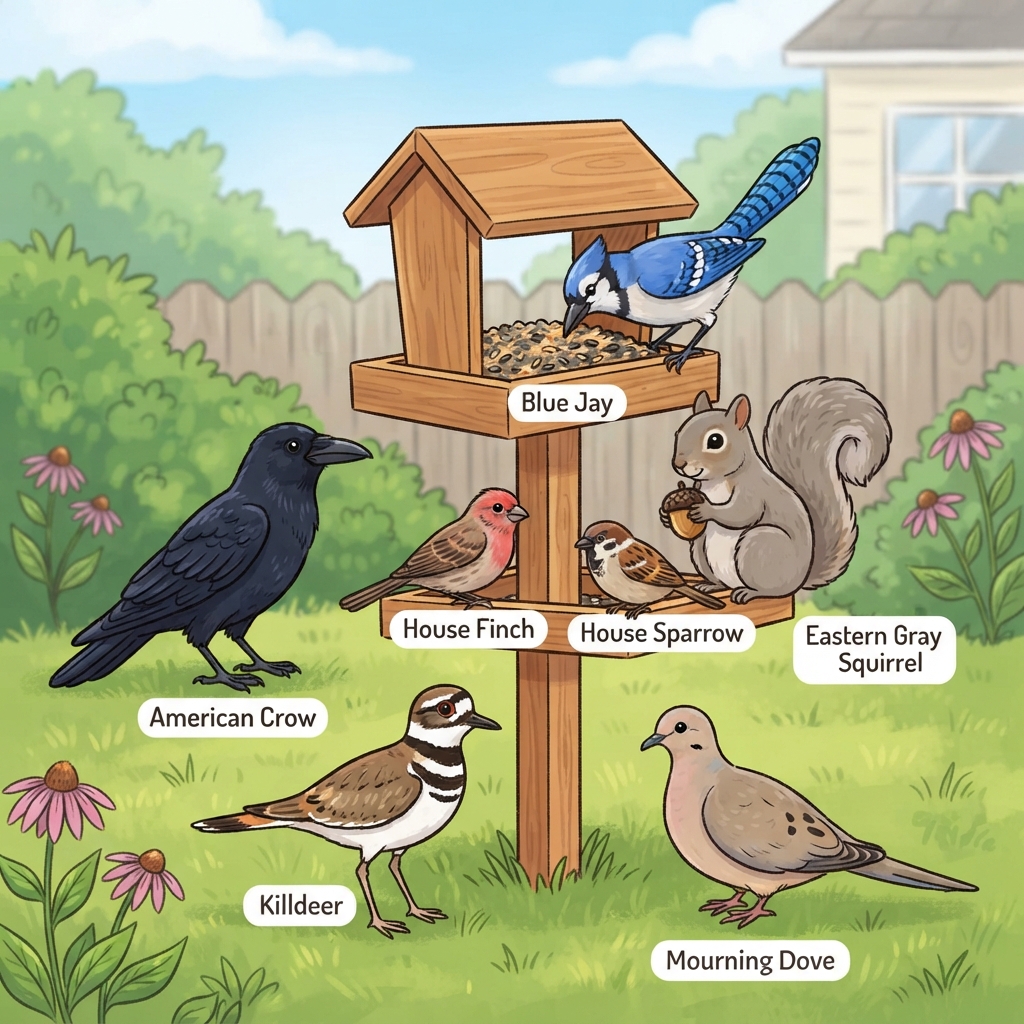 American Crow, Blue Jay, Eastern Gray Squirrel, House Finch, House Sparrow, Killdeer, Mourning Dove Cartoon illustration of American Crow, Blue Jay, Eastern Gray Squirrel, House Finch, House Sparrow, Killdeer, Mourning Dove