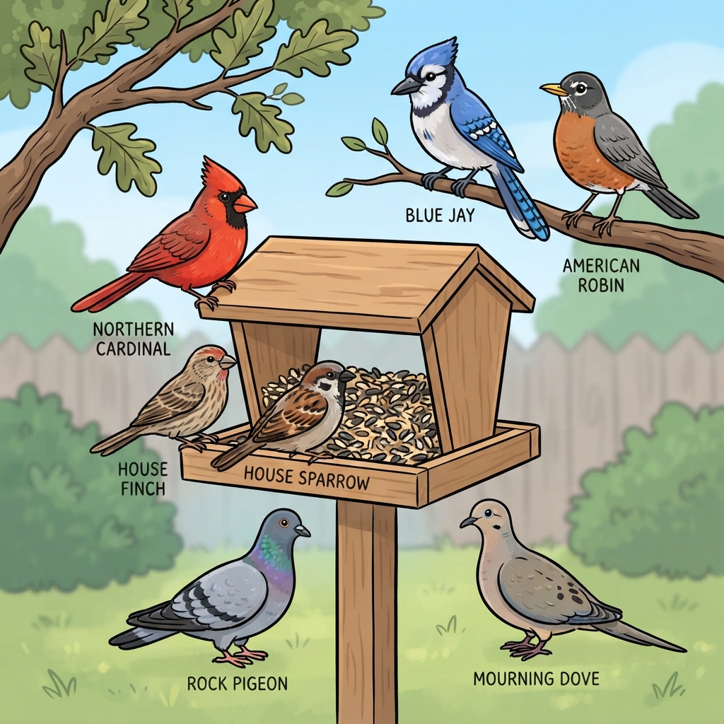 American Robin, Blue Jay, House Finch, House Sparrow, Mourning Dove, Northern Cardinal, Rock Pigeon Cartoon illustration of American Robin, Blue Jay, House Finch, House Sparrow, Mourning Dove, Northern Cardinal, Rock Pigeon