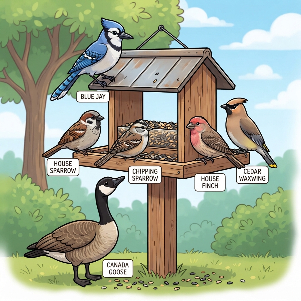 Blue Jay, Canada Goose, Cedar Waxwing, Chipping Sparrow, House Finch, House Sparrow Cartoon illustration of Blue Jay, Canada Goose, Cedar Waxwing, Chipping Sparrow, House Finch, House Sparrow