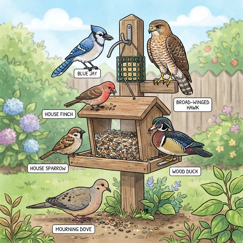 Blue Jay, Broad-winged Hawk, House Finch, House Sparrow, Mourning Dove, Wood Duck Cartoon illustration of Blue Jay, Broad-winged Hawk, House Finch, House Sparrow, Mourning Dove, Wood Duck
