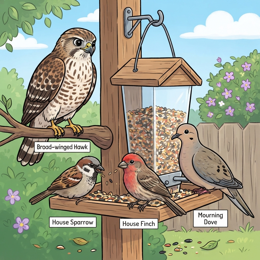 Broad-winged Hawk, House Finch, House Sparrow, Mourning Dove Cartoon illustration of Broad-winged Hawk, House Finch, House Sparrow, Mourning Dove