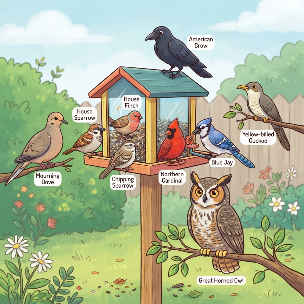 American Crow, Blue Jay, Chipping Sparrow, Great Horned Owl, House Finch, House Sparrow, Mourning Dove, Northern Cardinal, Yellow-billed Cuckoo Cartoon illustration of American Crow, Blue Jay, Chipping Sparrow, Great Horned Owl, House Finch, House Sparrow, Mourning Dove, Northern Cardinal, Yellow-billed Cuckoo