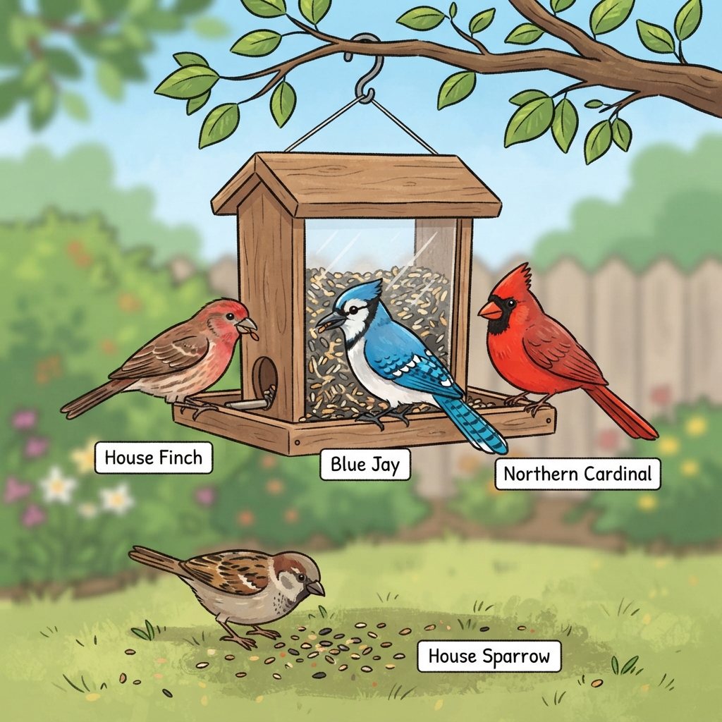 Blue Jay, House Finch, House Sparrow, Northern Cardinal Cartoon illustration of Blue Jay, House Finch, House Sparrow, Northern Cardinal