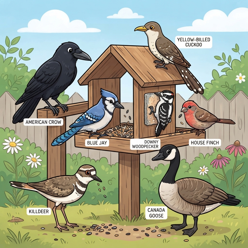 American Crow, Blue Jay, Canada Goose, Downy Woodpecker, House Finch, Killdeer, Yellow-billed Cuckoo Cartoon illustration of American Crow, Blue Jay, Canada Goose, Downy Woodpecker, House Finch, Killdeer, Yellow-billed Cuckoo