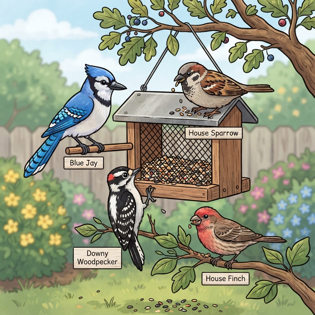 Blue Jay, Downy Woodpecker, House Finch, House Sparrow Cartoon illustration of Blue Jay, Downy Woodpecker, House Finch, House Sparrow