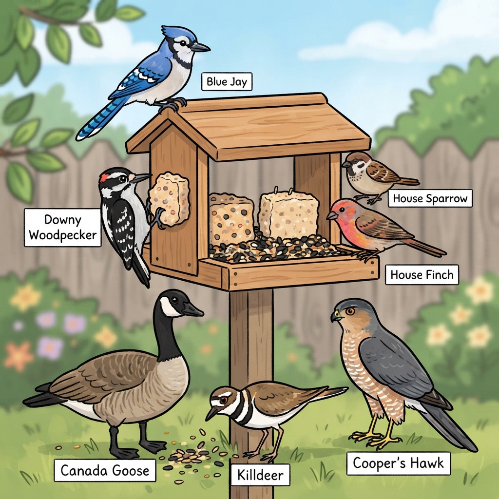 Blue Jay, Canada Goose, Cooper's Hawk, Downy Woodpecker, House Finch, House Sparrow, Killdeer Cartoon illustration of Blue Jay, Canada Goose, Cooper's Hawk, Downy Woodpecker, House Finch, House Sparrow, Killdeer
