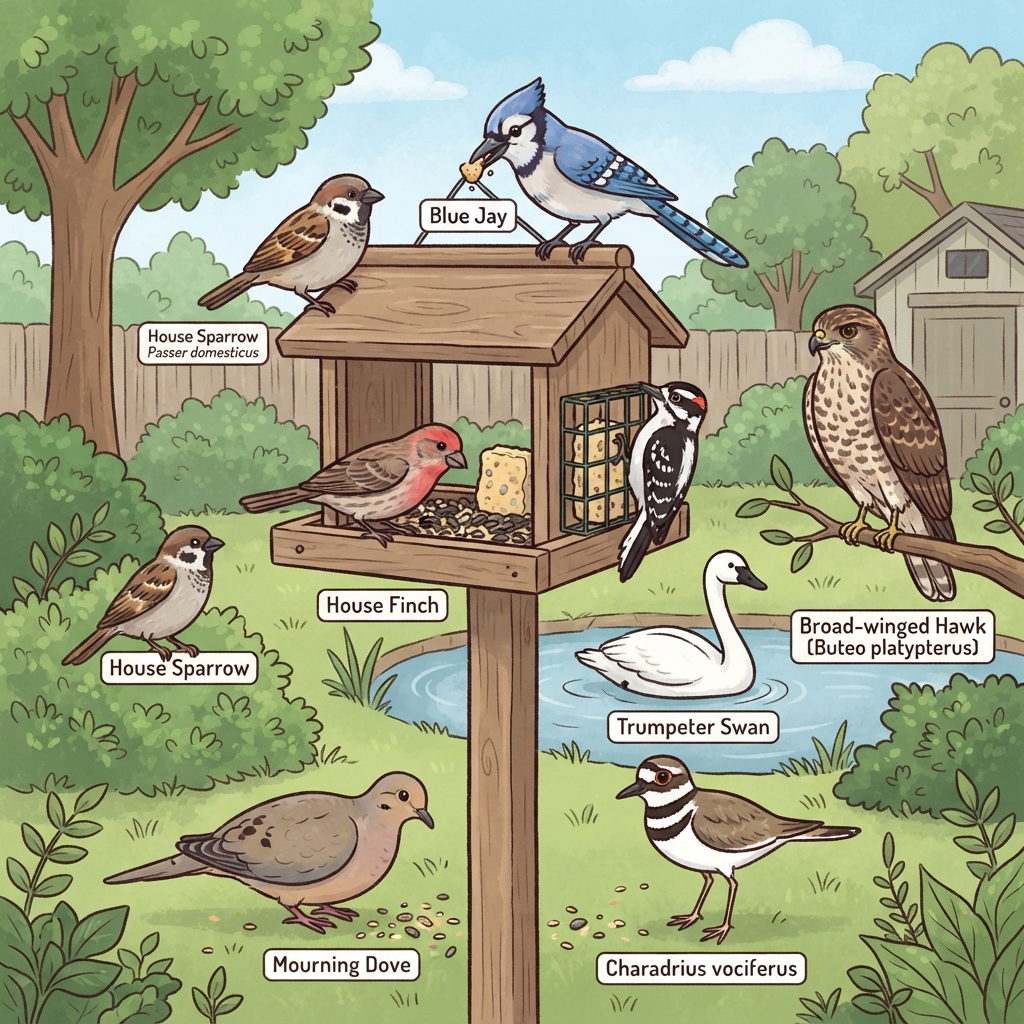Blue Jay, Broad-winged Hawk, Downy Woodpecker, House Finch, House Sparrow, Killdeer, Mourning Dove, Trumpeter Swan Cartoon illustration of Blue Jay, Broad-winged Hawk, Downy Woodpecker, House Finch, House Sparrow, Killdeer, Mourning Dove, Trumpeter Swan