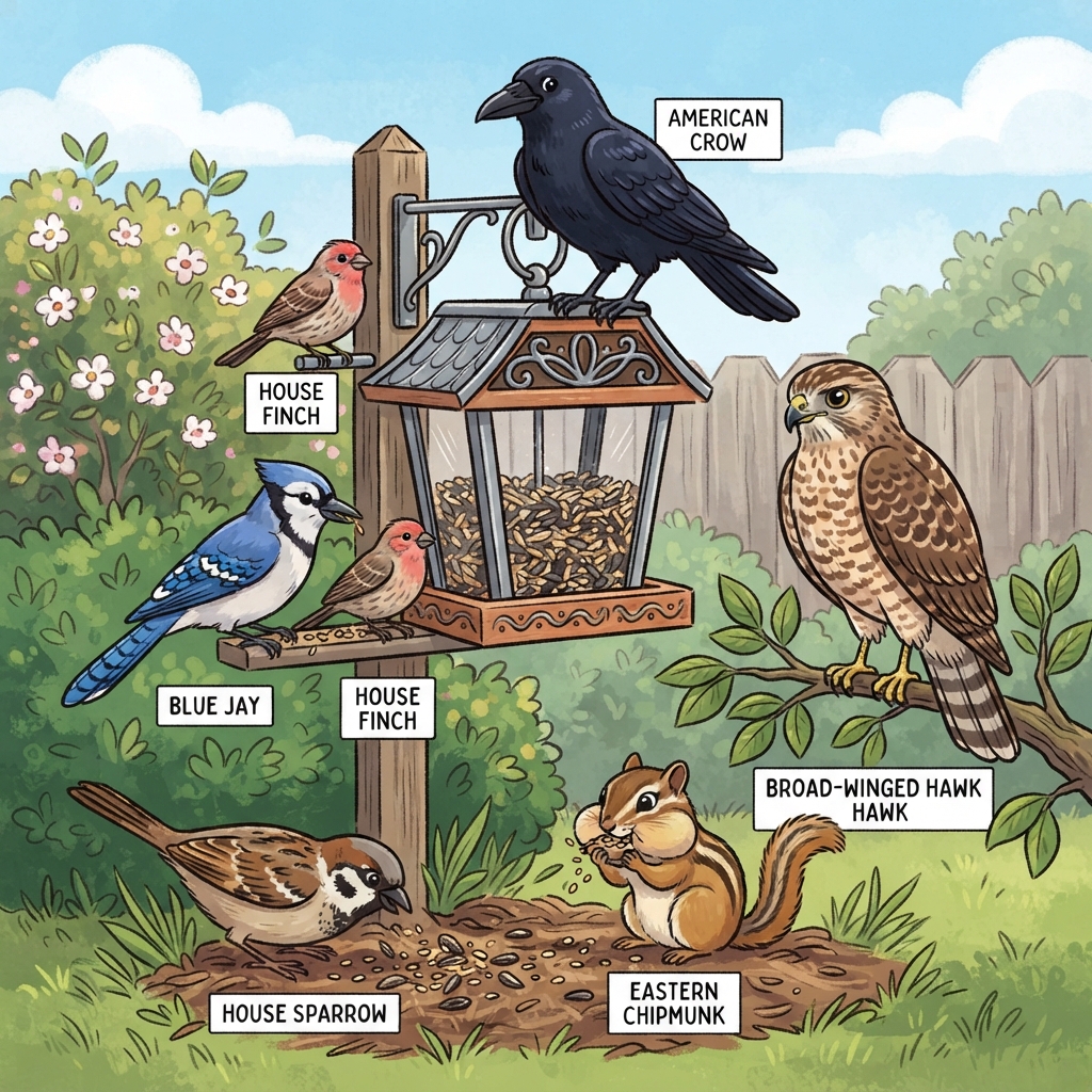 American Crow, Blue Jay, Broad-winged Hawk, Eastern Chipmunk, House Finch, House Sparrow Cartoon illustration of American Crow, Blue Jay, Broad-winged Hawk, Eastern Chipmunk, House Finch, House Sparrow