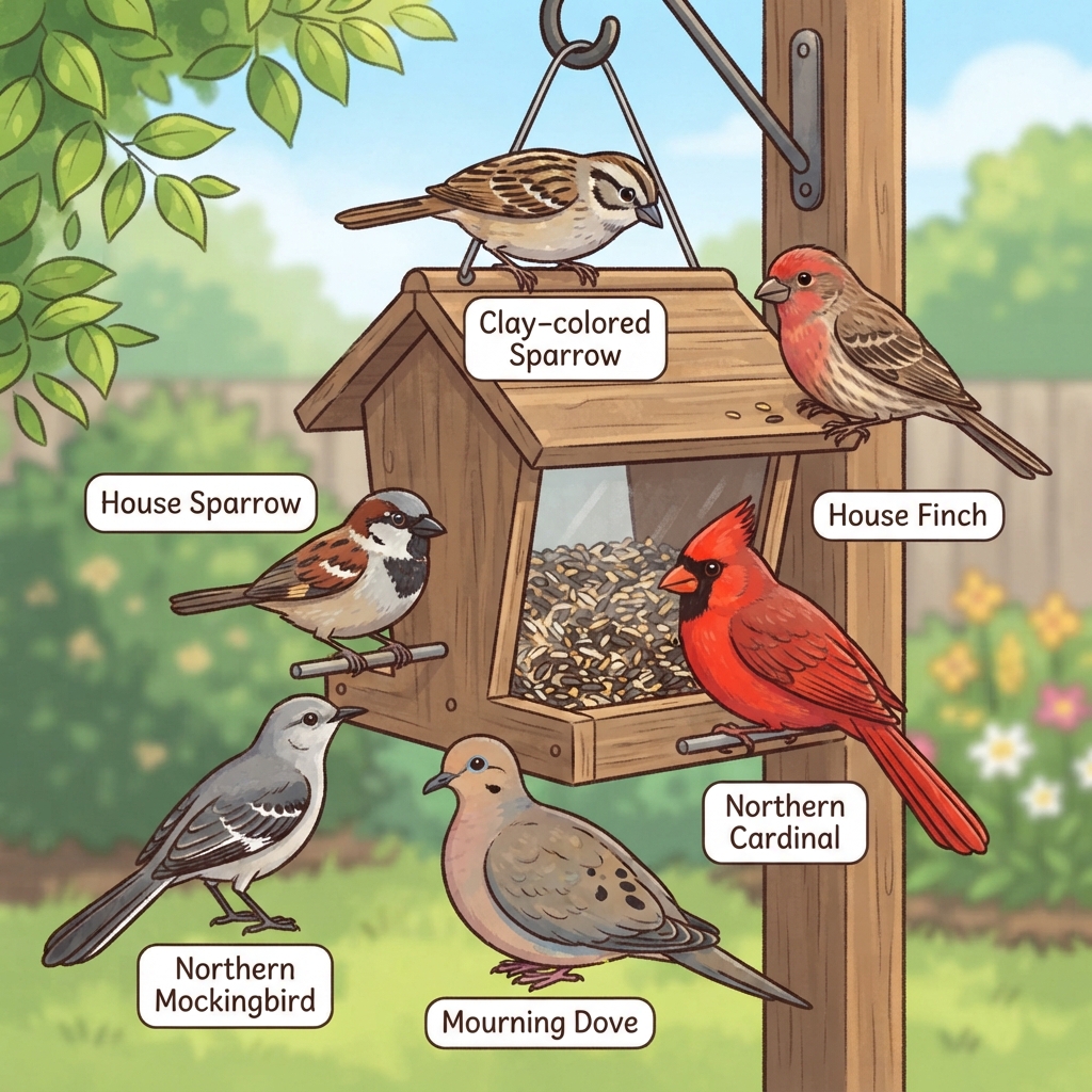 Clay-colored Sparrow, House Finch, House Sparrow, Mourning Dove, Northern Cardinal, Northern Mockingbird Cartoon illustration of Clay-colored Sparrow, House Finch, House Sparrow, Mourning Dove, Northern Cardinal, Northern Mockingbird