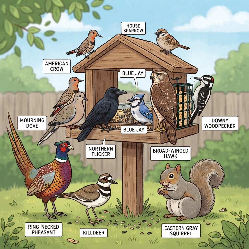 American Crow, Blue Jay, Broad-winged Hawk, Downy Woodpecker, Eastern Gray Squirrel, House Sparrow, Killdeer, Mourning Dove, Northern Flicker, Ring-necked Pheasant Cartoon illustration of American Crow, Blue Jay, Broad-winged Hawk, Downy Woodpecker, Eastern Gray Squirrel, House Sparrow, Killdeer, Mourning Dove, Northern Flicker, Ring-necked Pheasant
