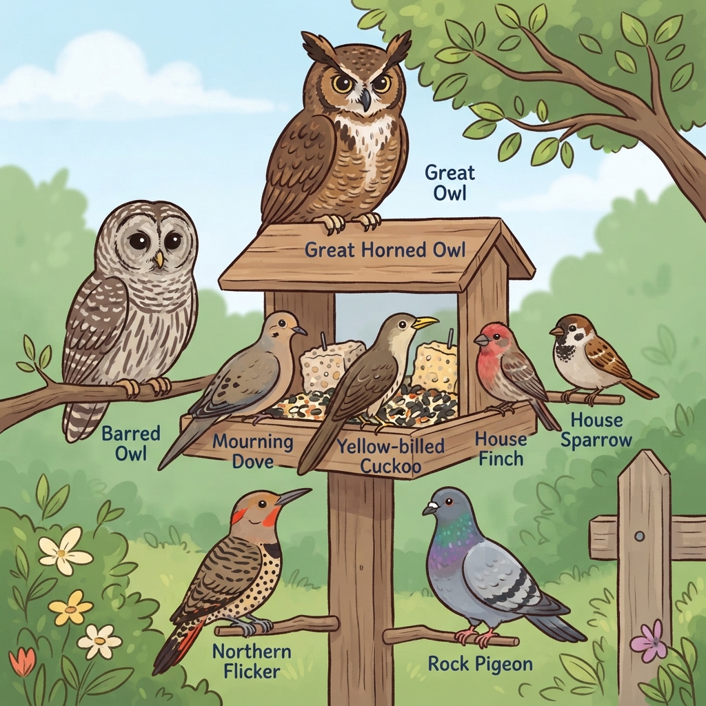Barred Owl, Great Horned Owl, House Finch, House Sparrow, Mourning Dove, Northern Flicker, Rock Pigeon, Yellow-billed Cuckoo Cartoon illustration of Barred Owl, Great Horned Owl, House Finch, House Sparrow, Mourning Dove, Northern Flicker, Rock Pigeon, Yellow-billed Cuckoo