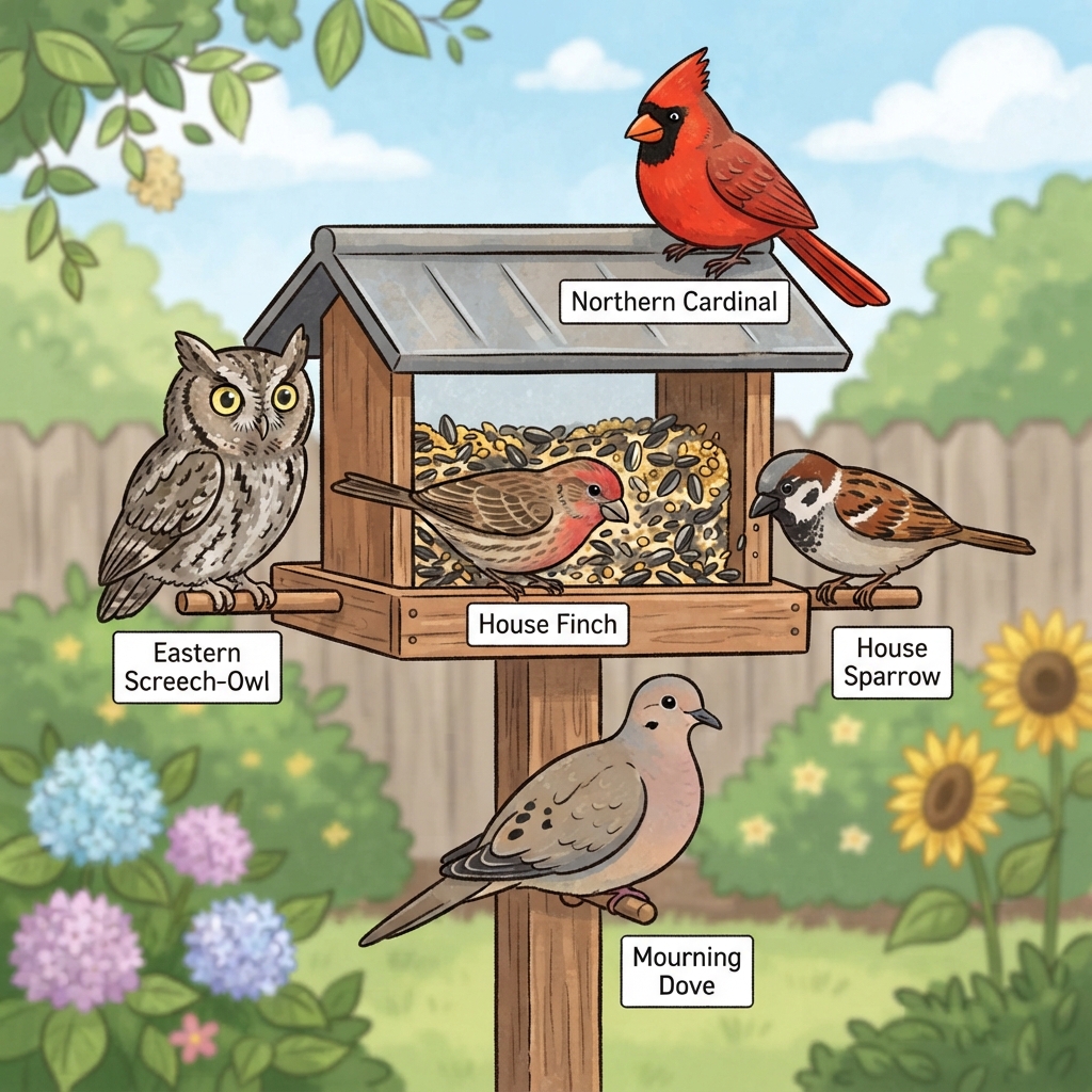 Eastern Screech-Owl, House Finch, House Sparrow, Mourning Dove, Northern Cardinal Cartoon illustration of Eastern Screech-Owl, House Finch, House Sparrow, Mourning Dove, Northern Cardinal