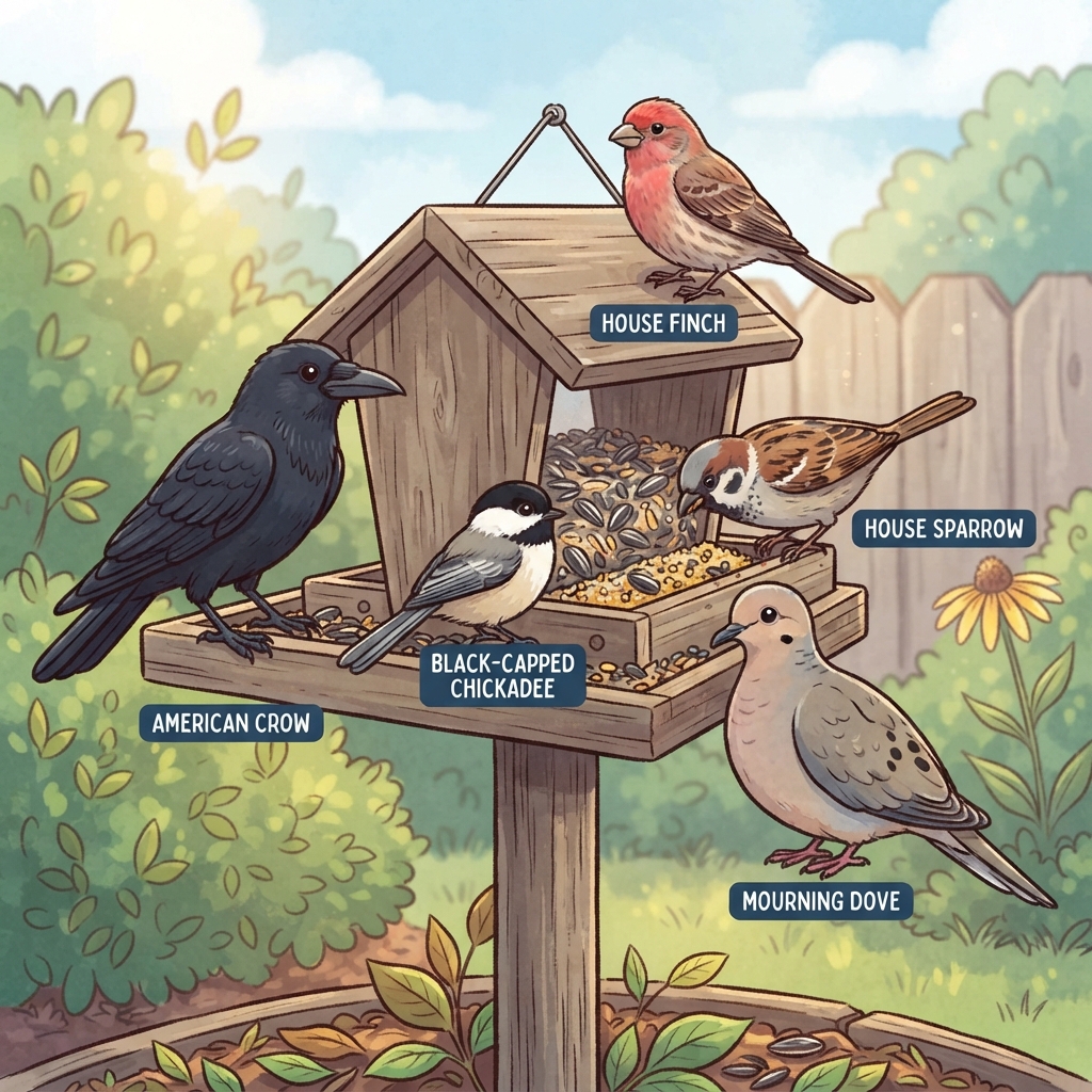 American Crow, Black-capped Chickadee, House Finch, House Sparrow, Mourning Dove Cartoon illustration of American Crow, Black-capped Chickadee, House Finch, House Sparrow, Mourning Dove