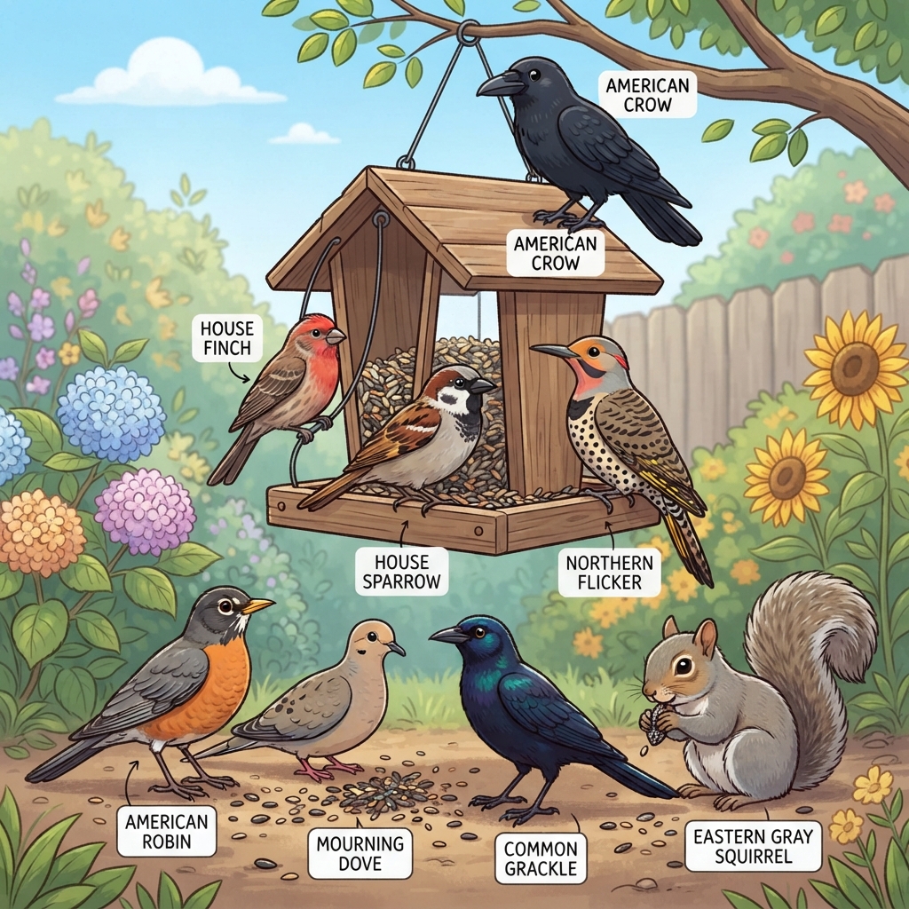 American Crow, American Robin, Common Grackle, Eastern Gray Squirrel, House Finch, House Sparrow, Mourning Dove, Northern Flicker Cartoon illustration of American Crow, American Robin, Common Grackle, Eastern Gray Squirrel, House Finch, House Sparrow, Mourning Dove, Northern Flicker